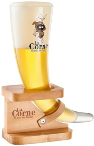 Verre à bière 33 cl original La Corne du Bois du Pendus, avec support en bois, verre à bière belge