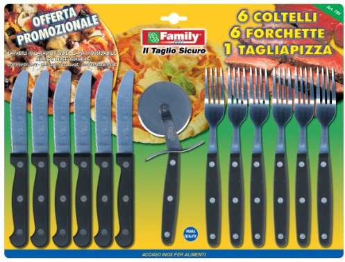 Set per pizza e per bistecca con 6 coltelli + 6 forchette + 1 rotella per pizza