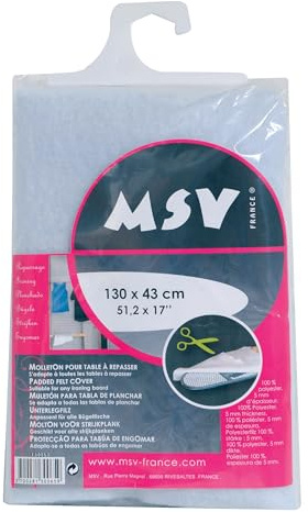 MSV, Molleton pour Table à Repasser, en Polyester, 130x43cm, s'adapte à Toutes Les Tables à Repasser. Montage Simple, Lavable à 40 °, Découpe Facile, Convient pour Le Repassage à la Vapeur