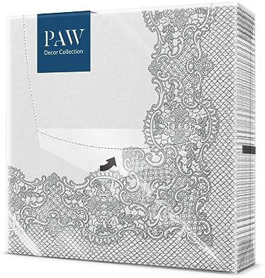 PAW - Napkins 3-Ply (33 x 33 cm) | 20 Pieces | Perfect for Birthdays, Parties, Weddings | Elegant Paper Napkins | Color: Silver Royal Lace