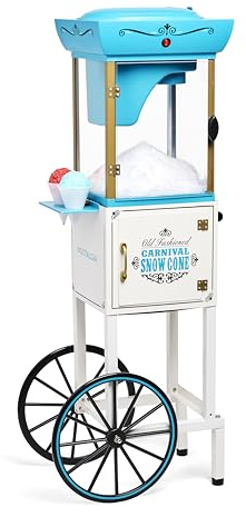 Nostalgia Snow Cone Shaved Ice Machine - Retro Cart Slushie Machine Makes 48 Icy Treats - Includes Metal Scoop, Storage Compartment, Wheels for Easy Mobility - White, Blue