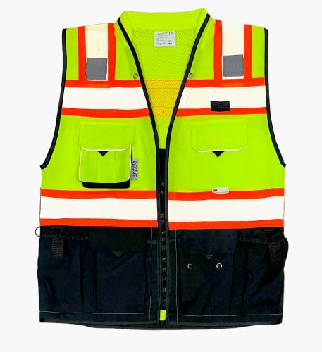 REXZUS C Vest for Mens Safety Vest With Zipper and Utility Pockets Premium Black Series Surveyors Vest (Large, Yellow/Black)