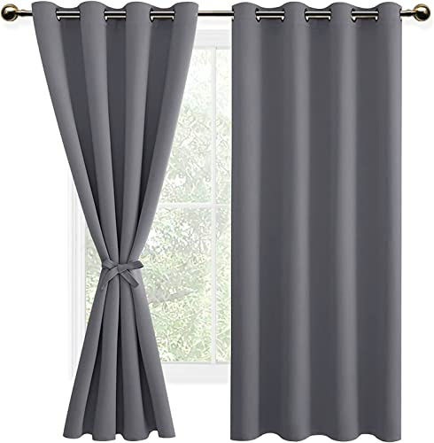 DWCN Grey Blackout Curtains with Tiebacks for Bedroom Thermal Insulated Solid Eyelet Curtains for Living Room,2 Panels,55 Wide x 69 Drop