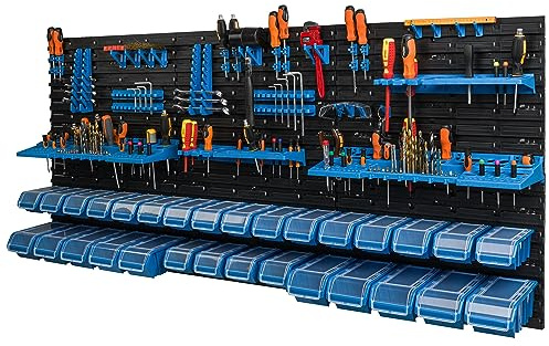Lot de 30 boîtes de rangement empilables avec couvercle, panneau porte-outil 178 x 78 cm, systeme de rangement de garage atelier, banc de travail, pour outils a main