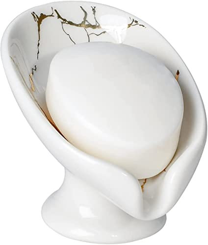 Umlaca Soap Dish Ceramic, Self Draining Soap Holder, Leaf Shape Soap Holder Drainage, Soap Tray, Soap Dish Marble, Suitable for Kitchen, Bathroom, Shower (White)