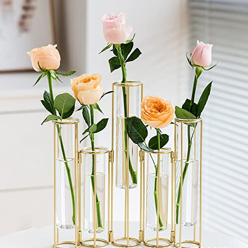 ZHDOKA Set of 5 Test Tube Vase with Iron Frame Stand, Metal Geometric Flower Vase Glass Hinged Propagation Plant Vase, Propagation Station Plant Holder for Wedding Table Home Decor (Gold)
