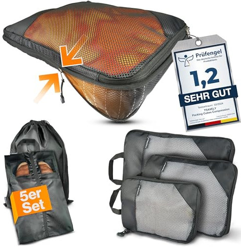TRAVELY Packing Cubes Compression - 5-teiliges Set inkl. Schuhtasche & Wäschebeutel - Packwürfel Kompression als Koffer oder Rucksack Organizer - Packtaschen für Reise, Packbeutel, Kompressionsbeutel