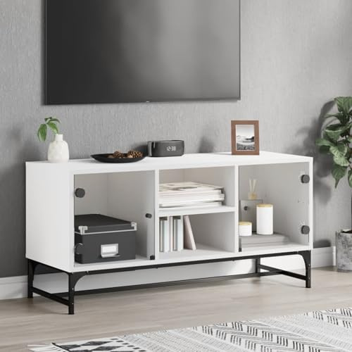 Gecheer TV-skåp, TV-bänk för vardagsrum, TV-bord, TV-bänk med glasdörrar vit, 102 x 37 x 50 cm