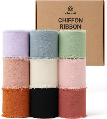 Vitalizart Chiffon Mixed 9 Colours Gift Ribbon 9 Rolls 1.5'' x 5 Yd | 45 Yd Handmade Frayed Fringe Ribbons for Wedding Invitations, Bridal Bouquets, Gift Wrapping, Decoration, DIY Crafts