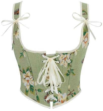 Dreay Womens Vintage Floral Print Underbust Corset Tops Vintage Boned Corset Belt Corset Vest FJ-S9009-Green-XS