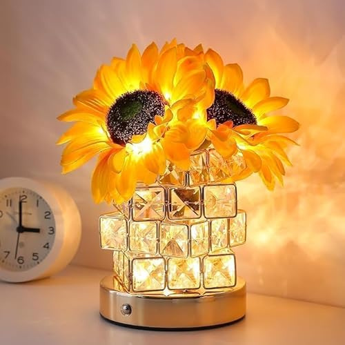 Sunflower Crystal Table Lamp, Dimmable LED Artificial Flower Touch Lamp with Cube Crystal Vase, USB Rechargeable Cordless Lamps for Bedroom, Living Room, Home Decoration