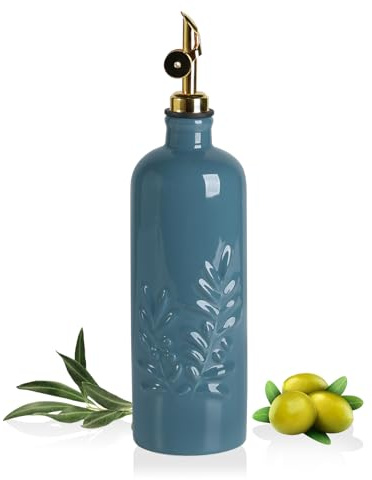 Sweejar Home 530ml Oil Dispenser for Kitchen with Gravity Spout, Ceramic Olive Oil Dispenser Bottle, Relief Opaque Vinegar Container for Evoo, Vinegar, Soy Sauce, Pack of 1(Fogblue, Gold Spout)
