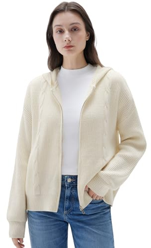 SUUKSESS Women Chunky Knit Cashmere Blend Sweaters Zip up Oversized Hoodies Cardigan with Pockets Long Sleeve Fall Jackets Outerwear (Cream White, M)
