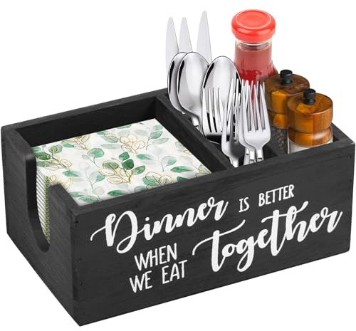 Ghshanog Wooden Tabletop Napkin Holder,Utensil Caddy with Salt and Pepper Shakers Caddy,Versatile Salt Pepper Rack Tabletop Condiment Organizer Box for Home Napkin Spice Tableware