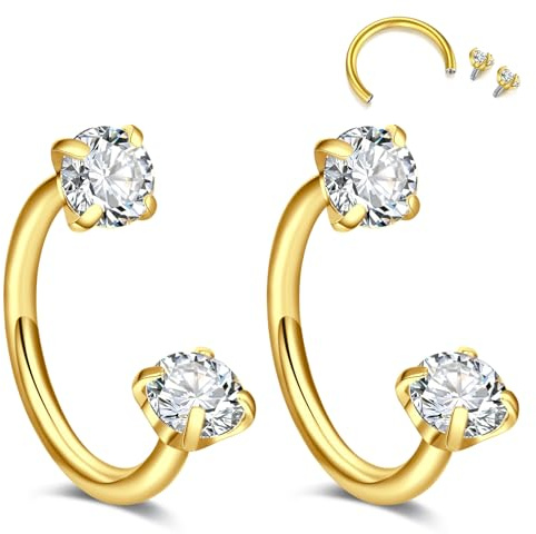 Crdifu 16G Internally Threaded Horseshoe Nose Ring, 8mm Gold Horseshoe Ring Tragus Helix Rook Piercing Jewellery, 1.2mm Horseshoe Conch Snug Earrings Stainless Steel Septum Cartilage Ring CZ