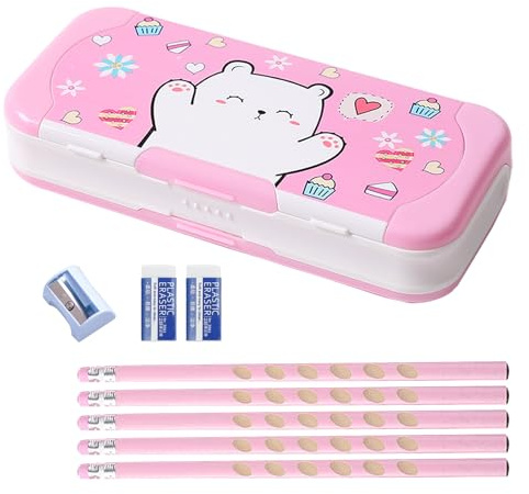 LilyBeauty Plastic Pencil Case with School Supplies,Cute Pencil Box for Students Includes 5 Pencils, 2 Erasers, Sharpener, Ruler Set and Pencil Holder, Back to School Gift for Kids (Pink Bear)