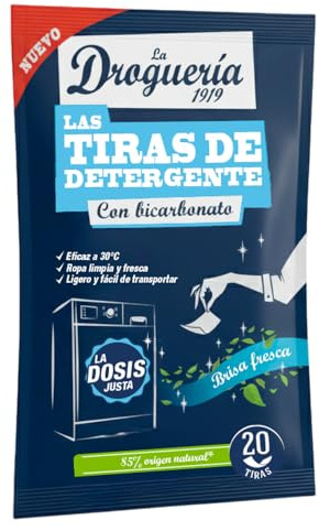 LA DROGUERÍA - Detergente en Tiras para Lavadora (20 lavados). 85% Ingredientes Naturales. 100% libre de plásticos. 100% hidrosolubles. Ropa Limpia cuidando el planeta. Fragancia Brisa Fresca.