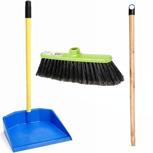 SET MANICO SCOPA + SCOPA E PALETTA con Manico Lungo - Asta in Legno 120 cm Universale Filettato - Paletta Alzaimmondizia in Plastica - Scopa con Setole Piumate per Pulizia Casa e Uso Professionale
