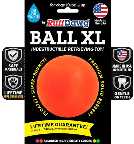 Ruff Dawg Indestructible Dog Ball XL 3.5” – Heavy-Duty Rubber Fetch Toy for Aggressive Chewers – Extreme Bounce, Floats, BPA & Latex Free – Made in USA, Color Varies