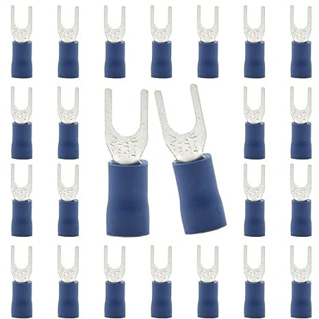 EEYSEE 100 Pezzi Forcella Capocorda Elettrico Terminale Connettori Elettrici Diametro Foro M4 Crimpare Connettori – Per Cavi Da 1,5 – 2,5 mm² (Blu/YPFL)