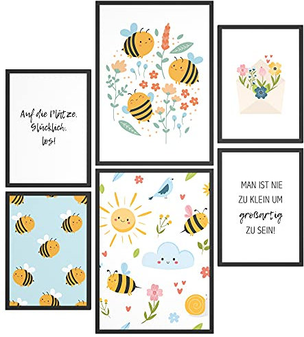 Papierschmiede® Bilder Kinderzimmer Kids Mood Poster Set Bienen, Kinderzimmer Bilder Babyzimmer Deko, 2x DIN A4 und 4x DIN A5, Blumen Bienchen Bunt - Kinderposter ohne Rahmen