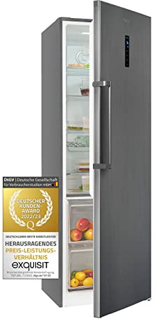 Exquisit Kühlschrank KS360-V-HE-040E inoxlook-az 359 l Nutzinhalt Edelstahloptik Schnellkühl-Funktion Glasablagen Freistehend Türanschlag wechselbar No Frost Display und LED-Licht Inoxlook Anthrazit