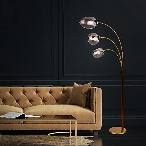 etc-shop Stehlampe Bogenlampe Wohnzimmerleuchte Stehleuchte Schlafzimmerlampe, Metall Glas messing rauch, 3 Flammig E14, Fußschalter, L 80 cm