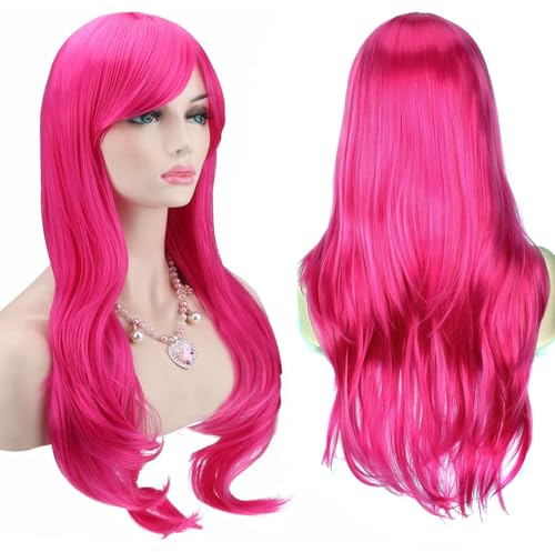 YEESHEDO 28 pollici 70 cm Parrucca Cosplay Delle Donne, Parrucche Lunghe Capelli Ondulati Ricci Con Frangia Per Festa Anime Costume Halloween Rosa Rossa