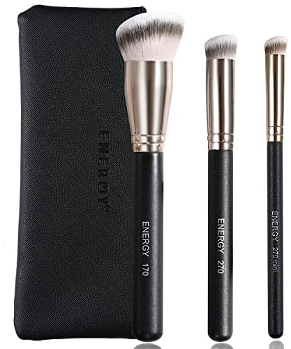 ENERGY Set di Pennelli Angolati 3 in 1 per Fondotinta con Punte Piatte, Pennello per Correttore, Pennello da Viaggio per Trucco Liquido, Crema, Polvere