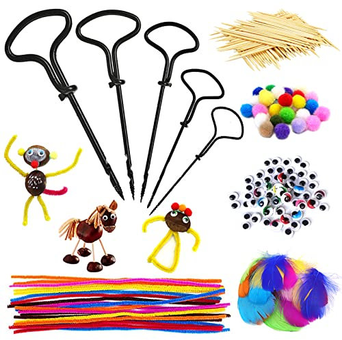 Juego de Brocas de Castaño, Set de Manualidades, Juego de Manualidades con Brocas de Mano, Palillos de Dientes, Taladro de Castaña, Plumas, limpiadores de Pipas, Pompones, Ojos