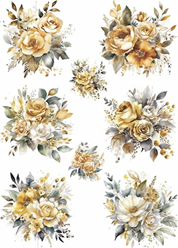 Carta di riso Gold Bouquet, 29,21 x 40,64 cm, 8 immagini uniche di bouquet stampate su carta di gelso da 36 g/m², fibre visibili per decoupage e lavori di ristrutturazione di mobili.