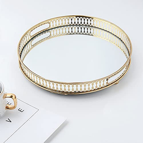 KenSyuInt Dekorative Tablett Goldenes Spiegelglas Ablagefach Spiegeltablett Verspiegeltes Dekotablett Serviertablett Schmuck-Parfüm Organizer für Schminktisch, Kommode, Badezimmer (Rund)