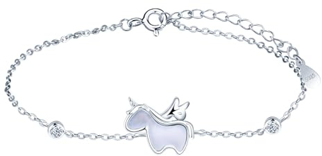 INFINIONLY Pulseras de Plata 925 con Madreperla para Mujer Niña Elegante Pulsera Unicornio Circonita con Creative Ajustable Cadena de Ancla