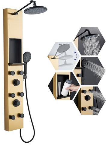 ROVATE Shower Panel Tower System with Shelf, Adjustable Shower Arm, Brushed Gold Shower Tower with 6 Body Jets, Self-Cleaning Rainfall Shower Head & Handheld, Powerful Shower Column Stainless Steel