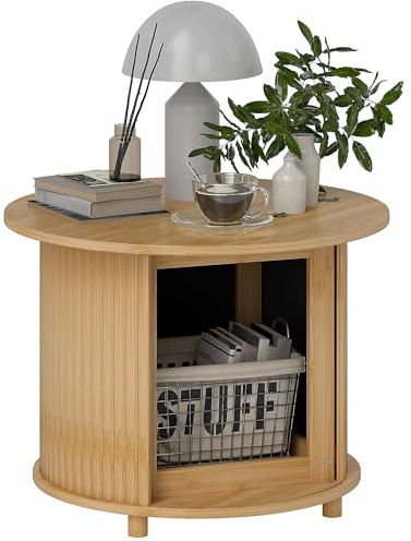 HOMCOM Couchtisch Runder Wohnzimmertisch aus Bambus mit verstecktem Stauraum und Schiebetür, runder Beistelltisch im Modern-Stil, für Wohnzimmer, Natur, Ø60 x 45 cm
