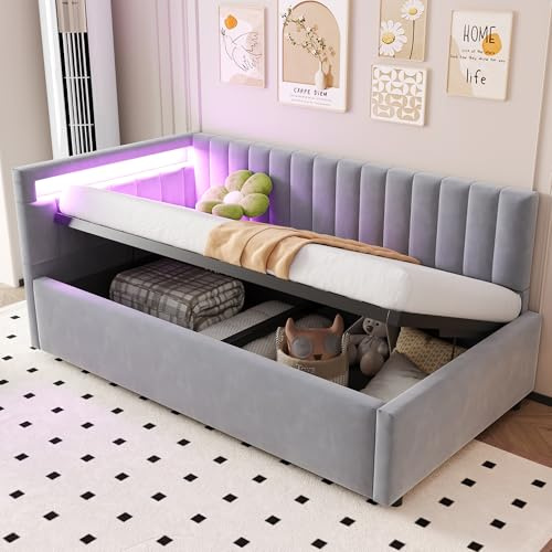 Trdlpyn Divano Letto Imbottito 90x200, Letto Singolo con illuminazione a LED e Contenitore Idraulico, Testiere Laterali con Posizioni Intercambiabili, Rete a doghe, Tessuto in velluto, Grigio Chiaro