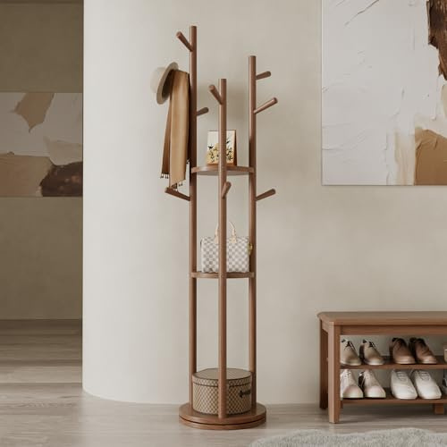 AQIMUELE Coat Stand, Wooden Coat Rack Stand with 3 Storage Shelves and 9 Hooks, Freestanding - Rotatable Coat Hanger Stand, Sturdy and Easy Assembly for Hallway, Bedroom (Walnut)
