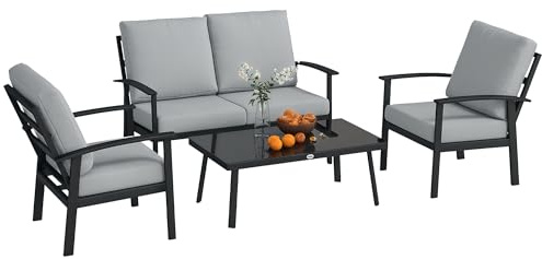 Outsunny Set Salotto da Giardino da 4 Pezzi in Alluminio, Set di Mobili con Divanetto da Esterno a 2 Posti, 2 Poltrone e Tavolo da Caffè con Piano in Vetro e Cuscini Sfoderabili, Grigio Carbone
