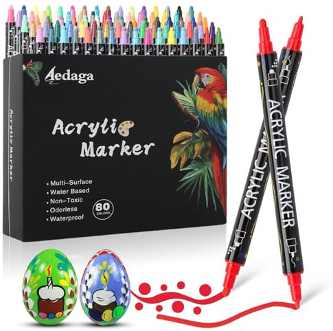 AEDAGA 80 Couleurs Feutre Acrylique, Marqueur Acrylique Double Pointe (Fine & Ronde), Acrylic Marker pour Enfants et Adultes, Feutres Coloriage Adulte pour Verre, Pierre, Bois, Toile, Papier, Œufs