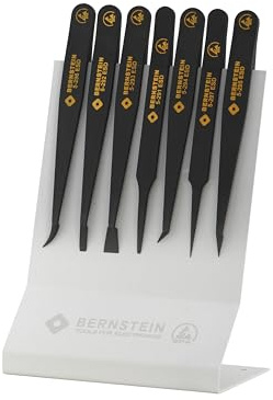 BERNSTEIN ESD Pinzetten Set 7-teilig - Antistatischer Kunststoff, Präzisionspinzette für Elektronik & Labor Anwendungen mit Halter, Spitze Pinzette