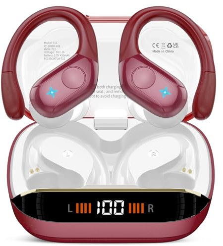 Qecnato Auriculares Inalámbricos Deportivos, Auriculares Bluetooth 5.4 HiFi Estéreo con HD Micrófono, 75H Cascos Inalambricos Bluetooth con Cancelacion Ruido ENC, Pantalla LED, IP7 Impermeable, Rojo