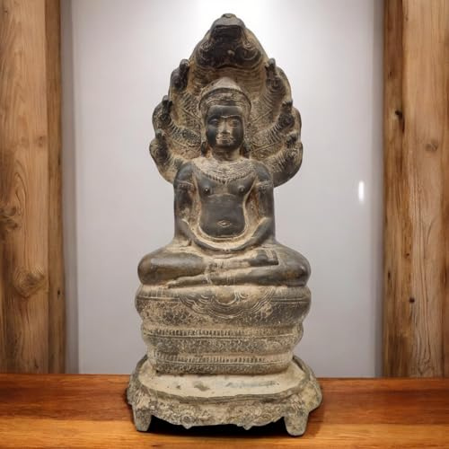 Statuetta di Buddha in bronzo seduto con serpente Naga – Statua del tempio asiatico in Thailandia – Figura decorativa realizzata a mano in stile Khmer per meditazione e spazi Zen