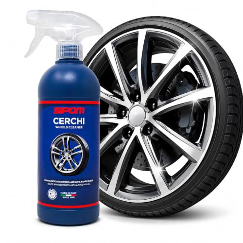 SIPOM Pulitore Cerchi Auto 500 ml, Decontaminante Ferroso per Cerchi in Lega, Acciaio e Cromati, Rimuove Polvere Freni e Residui Metallici, Detergente Professionale Made in Italy