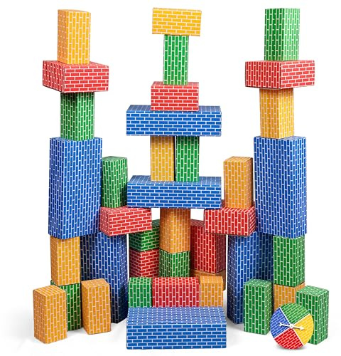 NATIONAL GEOGRAPHIC Kids Jumbo Cardboard Building Blocks – 40 Heavy-Duty Bricks in 3 Sizes, Build & Learn with Game Spinner & Activity Cards for Kids 3+, Indoor Play Construction Toy for STEM Learning