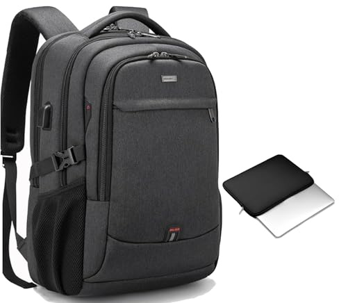 Ryggsäck för 17 tum för bärbar dator för resor vattentålig högskola bokväska för män/kvinnor laptopväska med USB-laddningsport och surfplatta fodral kompatibelt skyddsfodral, svart