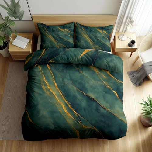 WHUOEUCO Set Copripiumino 220x240cm Texture verde marmo Set Biancheria da Letto in Microfibra Anallergica, Include 1 Copripiumino + 2 Federe, per Adulti e Ragazzi, Cerniera