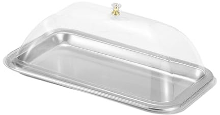 Vassoio per Torte Rettangolare con Coperchio PP Trasparente in Acciaio Inox, Piattino da Portata per Dessert Dolci Frutta, Facile da Pulire per RIST, Cucina e Ricevimento di Nozze, 32x22x2 Cm
