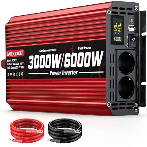 JARXIOKE Växelriktare 12 V till 230 V 3 000 W Modifierad sinusvåg Spänningsomvandlare med LCD-skärm 2 AC-uttag USB-port för camping Husbil Lastbil Båt Nödström (6 000 W toppeffekt)