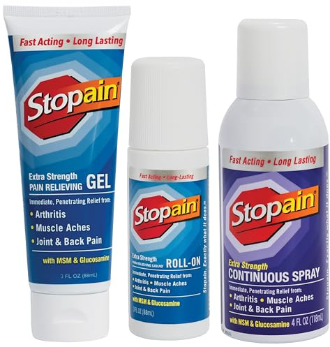 Stopain Pain Relief Combo Set (Gel, Roll On, Spray) USA Made, Max Strength Fast Acting with MSM, Glucosamine, Menthol for Lower Back, Knee, Neck HSA FSA Topical Analgesic Products