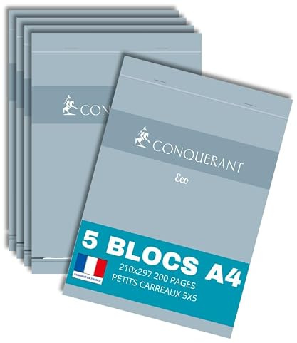 Conquérant lot de 5 Bloc-Notes Eco A4 Petits Carreaux 5mm 200 Pages Agrafées Tête Couverture Carte Bleue